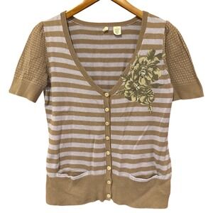 Anthropologie Moth cardigan sweater medium Cattleya stripe floral applique Y2K‎